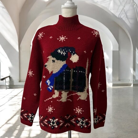 Ralph Lauren Sweaters - Ralph Lauren Hand Knit Wool Dog Snowflake Red Sweater Size M